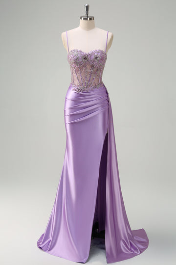 Sparkly Purple Mermaid Watteau Train Sheer Ruched Corset Long Prom Dress with Slit